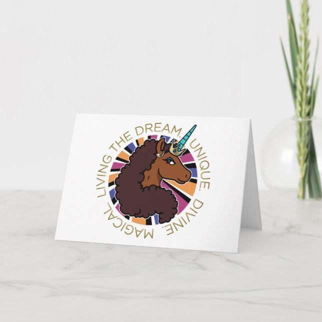 Afro Unicorn Living the Dream Design Karte (Vorderseite)