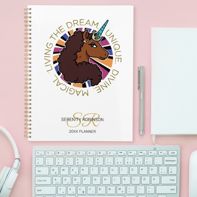 Afro Unicorn Living the Dream Design Planer (Planner on table)