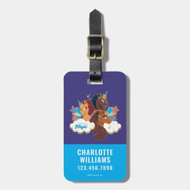 Afro Unicorn "Made of Magic" Trio Design Gepäckanhänger (Vorderseite vertikal)