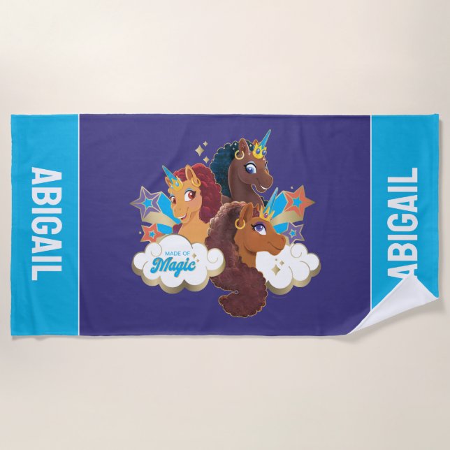 Afro Unicorn "Made of Magic" Trio Design Strandtuch (Vorderseite)