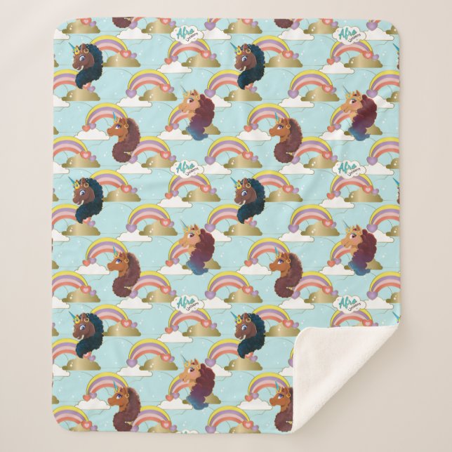 Afro Unicorn Rainbow and Hearts Muster Sherpadecke (Vorderseite)