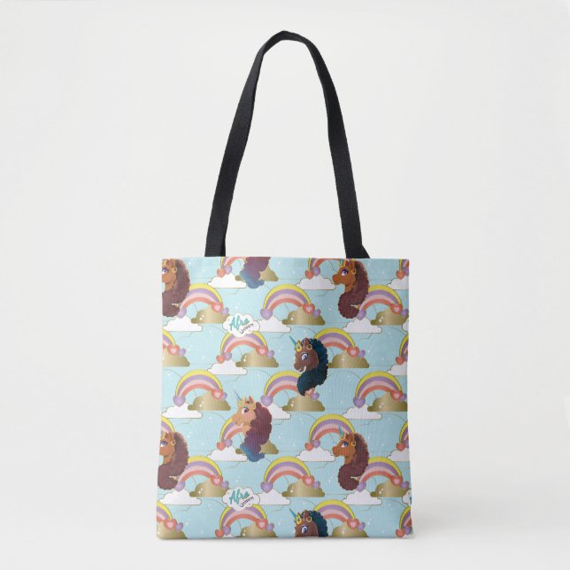 Afro Unicorn Rainbow and Hearts Muster Tasche (Vorderseite)