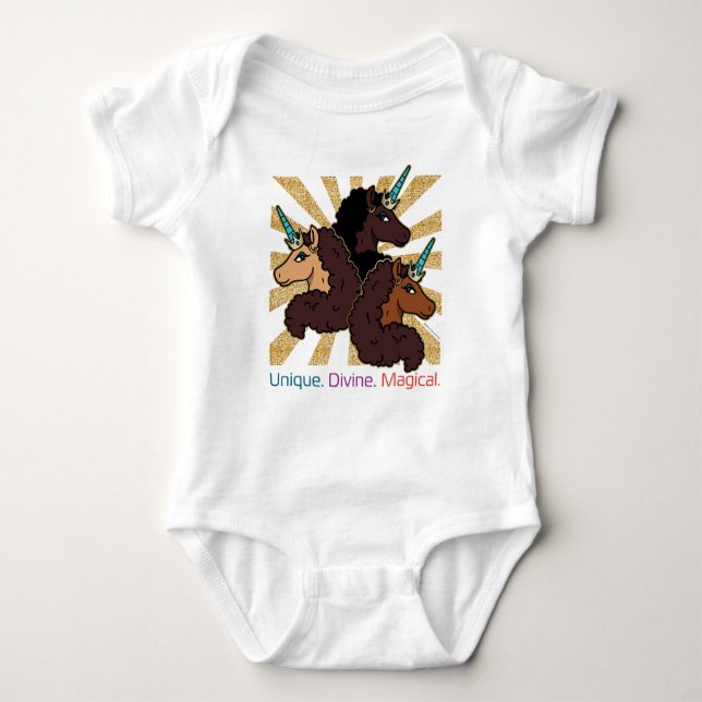 Afro Unicorn Trio: Einzigartig, göttlich und magis Baby Strampler (Vorderseite)