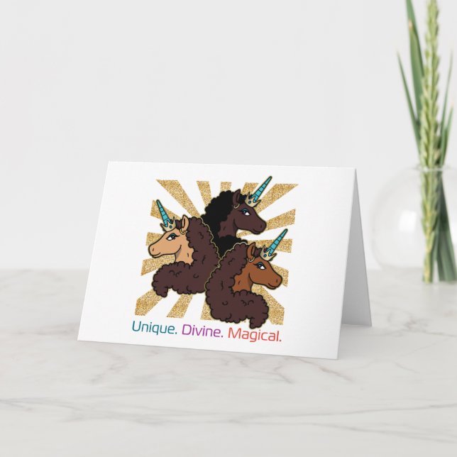 Afro Unicorn Trio: Einzigartig, göttlich und magis Karte (Vorderseite)