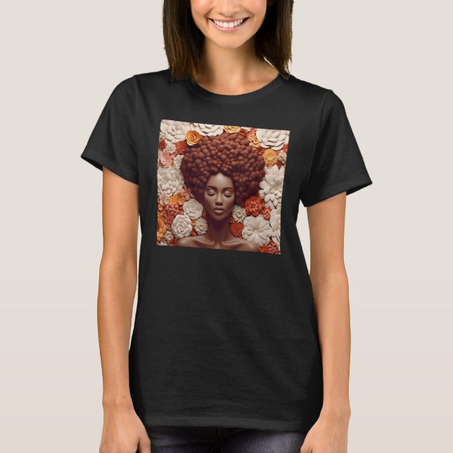 Afro Woman Floral Black Queen Puff Melanin Orange  T-Shirt (Vorderseite)