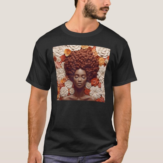 Afro Woman Floral Black Queen Puff Melanin Orange  T-Shirt (Vorderseite)