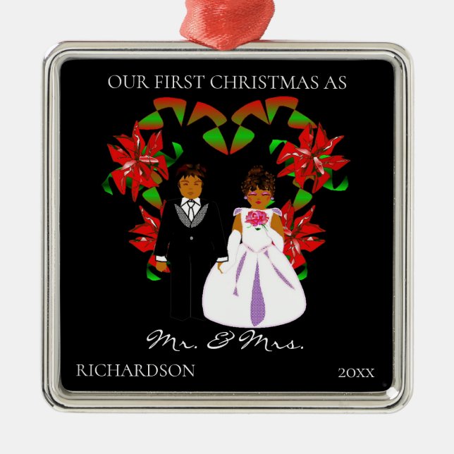 Afroamerikaner Erste Weihnachten als Mr. & Mrs. Ornament Aus Metall (Vorne)