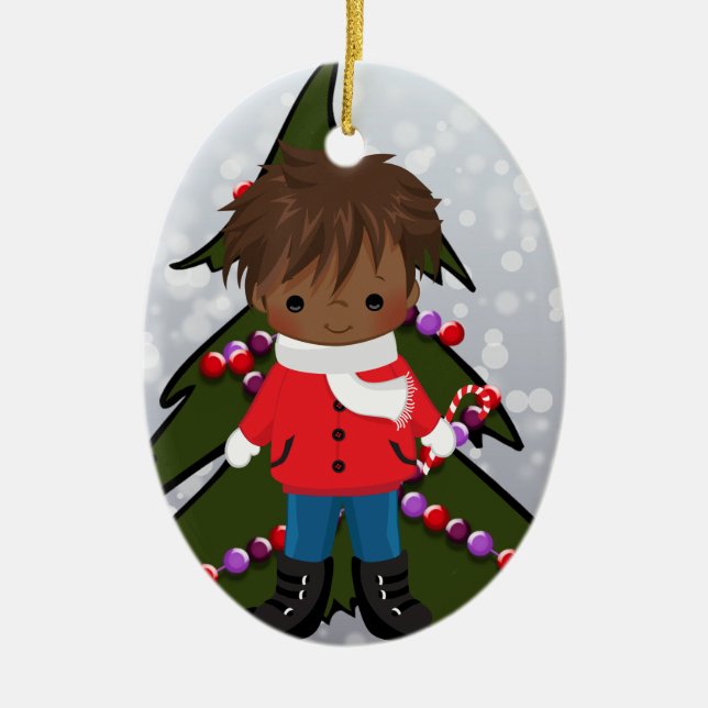 Afroamerikaner-Jungen-Weihnachtsverzierung Keramikornament (Vorne)