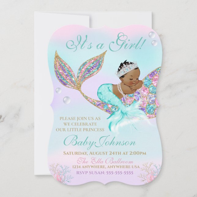 Afroamerikanerin Mermaid Vintag Baby SHower Einladung (Vorderseite)