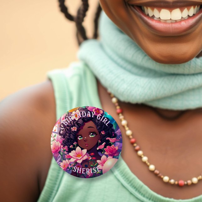 Afroamerikanisch Anime Birthday Girl Personalisier Button (Von Creator hochgeladen)