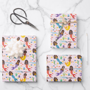 Afroamerikanische Meerjungfrauen mit Wellen und Se Geschenkpapier Set