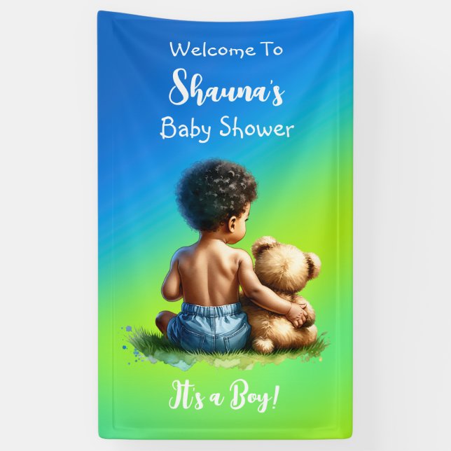 Afroamerikanischer Baby Boy mit Teddy Baby Shower Banner (Vertikal)