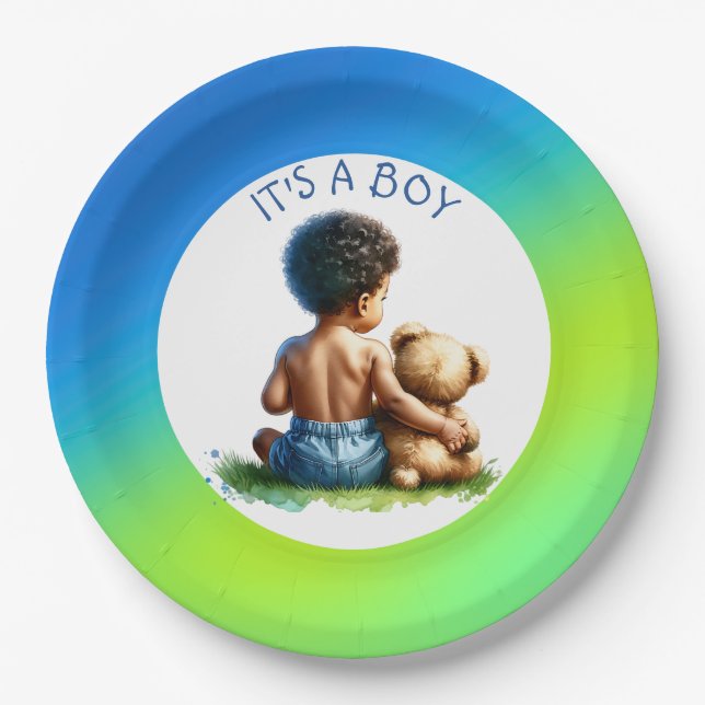 Afroamerikanischer Baby Boy mit Teddy Baby Shower Pappteller (Vorderseite)