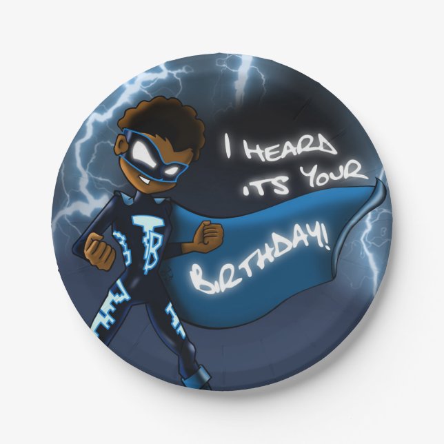 Afroamerikanischer Boy Superhero Birthday Pappteller (Vorderseite)