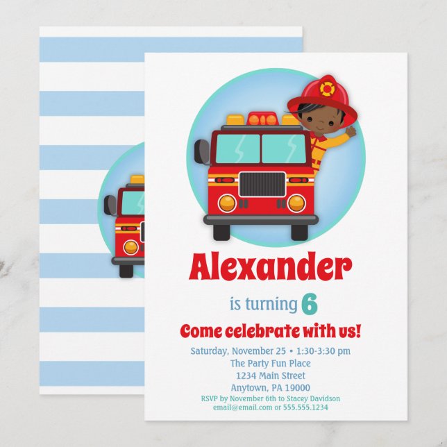 Afroamerikanischer Feuerwehrmann zum Geburtstag Einladung (Vorne/Hinten)