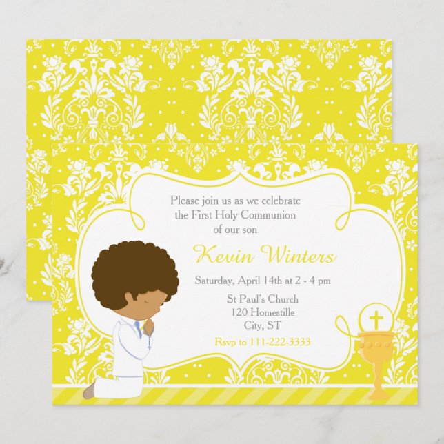 Afroamerikanischer Junge Erste Kommune Damask Einladung (Vorne/Hinten)