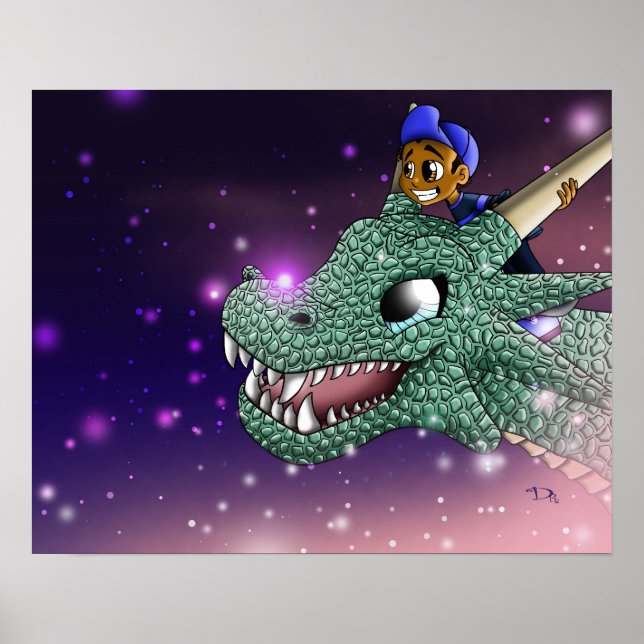 Afroamerikanischer Junge und Drache Poster (Vorne)