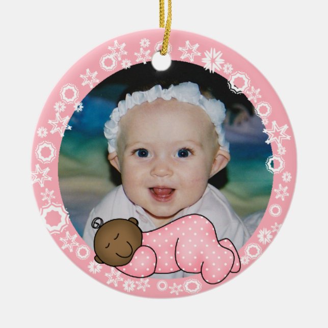 Afroamerikanischer Rosa 1. Weihnachtsdekoration Keramikornament (Vorne)