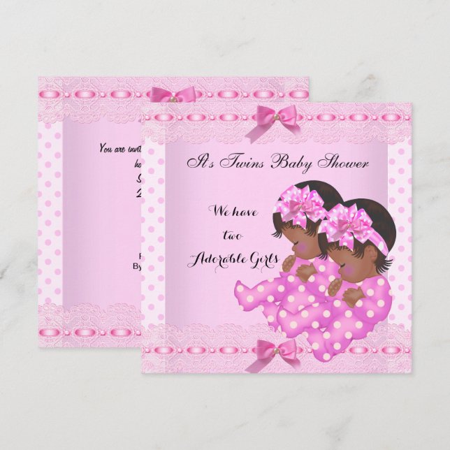 Afroamerikanischer Twin Girls Babydusche Pink Einladung (Vorne/Hinten)