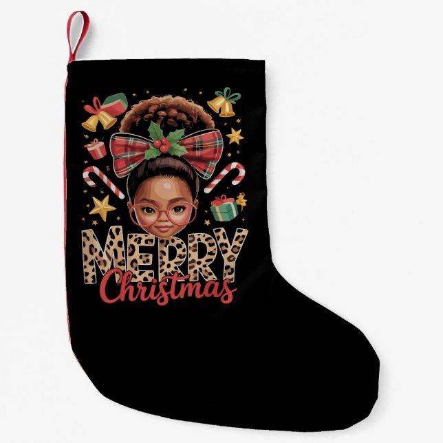 Afroamerikanischer Weihnachts-Messy-Bun Schwarze M Kleiner Weihnachtsstrumpf (Vorderseite)