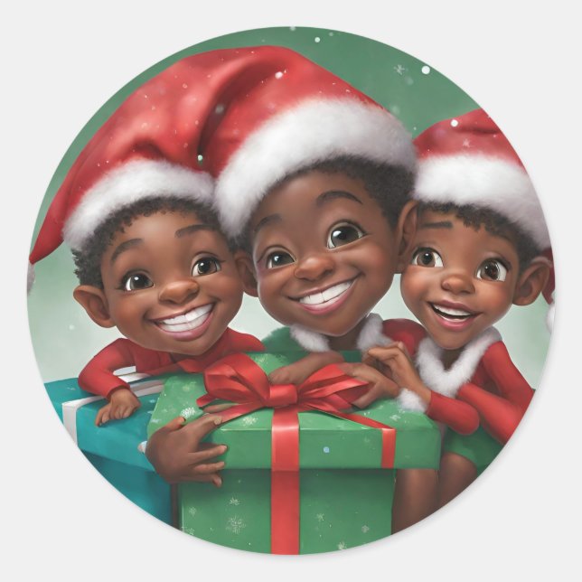 Afroamerikanischer Weihnachtself Runder Aufkleber (Vorderseite)