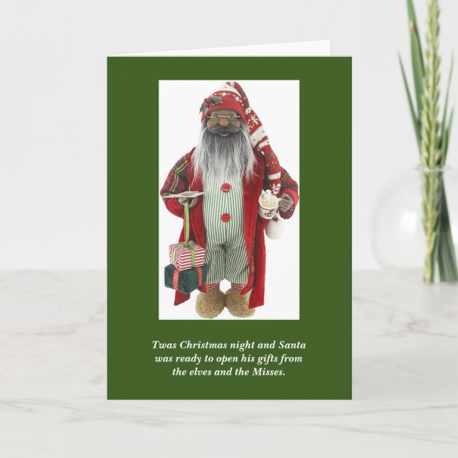 Afroamerikanischer Weihnachtsmann gibt Weihnachtsk Karte (Vorderseite)