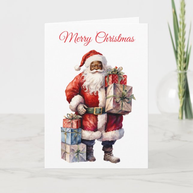 Afroamerikanischer Weihnachtsmann mit Geschenken Feiertagskarte (Vorderseite)