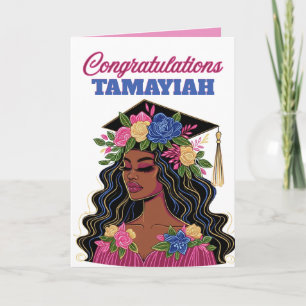 Afroamerikanisches Abschlussmädchen mit Blumenkapp Karte