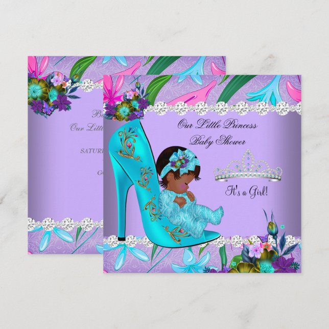 Afroamerikanisches Baby-Duschmädchen Aquamarin Lil Einladung (Vorne/Hinten)