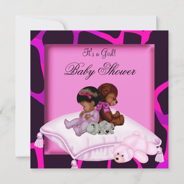 Afroamerikanisches Baby-Duschmädchen Hot Pink Bear Einladung (Vorderseite)