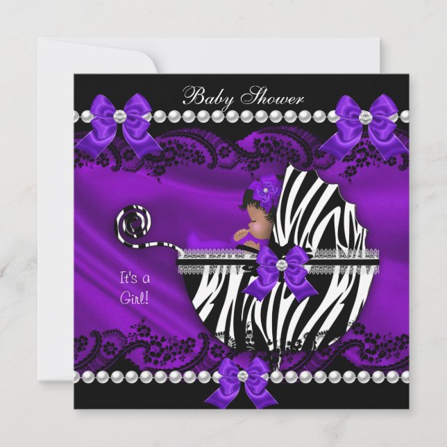 Afroamerikanisches Baby-Duschmädchen Lila Zebra Einladung (Vorderseite)