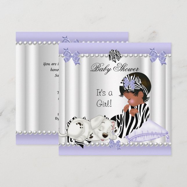Afroamerikanisches Baby-Duschmädchen Lila Zebra Einladung (Vorne/Hinten)