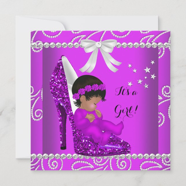 Afroamerikanisches Baby Duschmädchen Pink Shoe Einladung (Vorderseite)