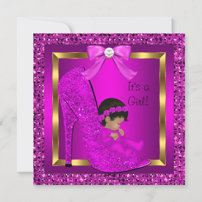 Afroamerikanisches Baby Duwer Girl Pink Glitzer Einladung (Vorderseite)
