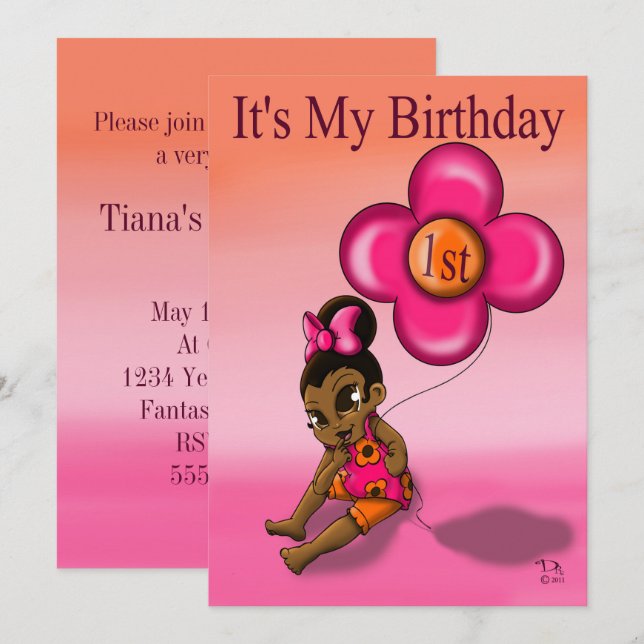 Afroamerikanisches Baby Girl First Birthday Party Einladung (Vorne/Hinten)