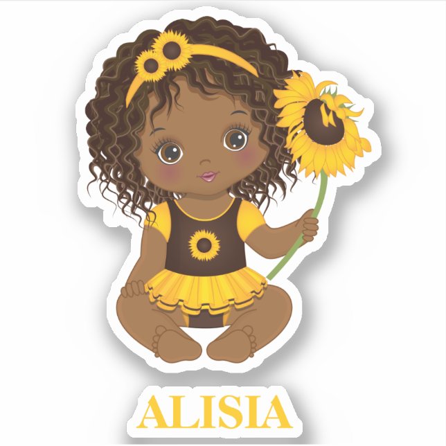 Afroamerikanisches Baby-Mädchen mit Sonnenblumenst Aufkleber (Vorderseite)