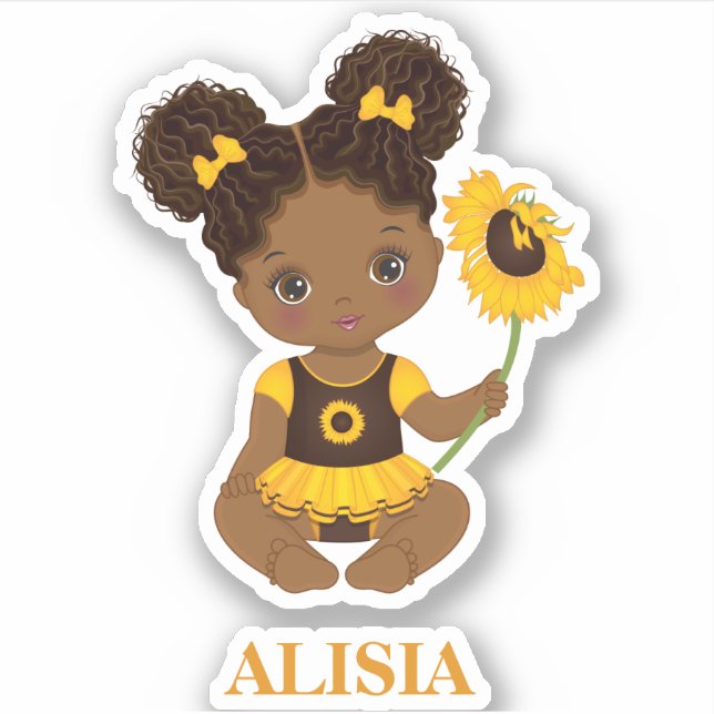 Afroamerikanisches Baby-Mädchen mit Sonnenblumenst Aufkleber (Vorderseite)