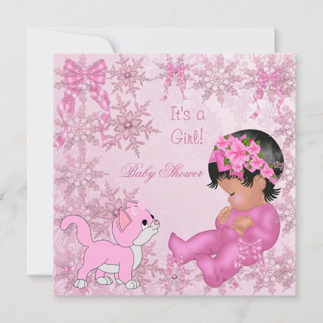 Afroamerikanisches Babyduschmädchen Kitten Pink Einladung (Vorderseite)