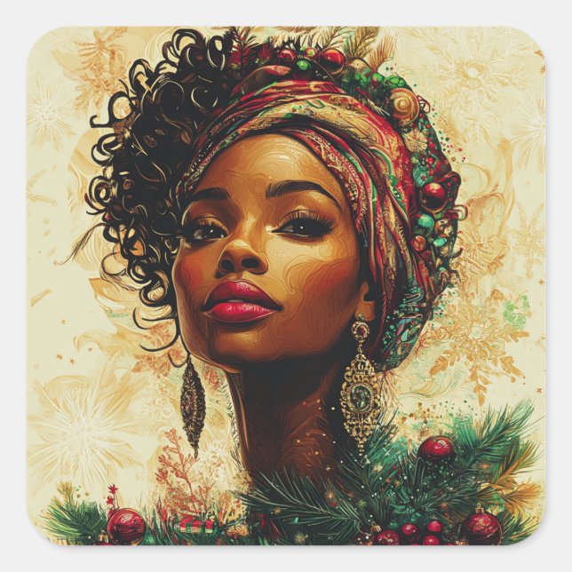 Afrocentric Christmas Queen–Flat Holiday Card Quadratischer Aufkleber (Vorderseite)