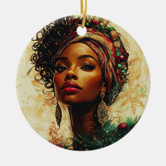 Afrocentric Christmas Queen Keramik Ornament (Vorne)