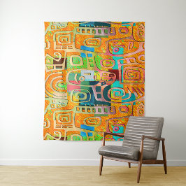 Afrocentric Geometric in Bold Orange & Chrome –  Wandteppich