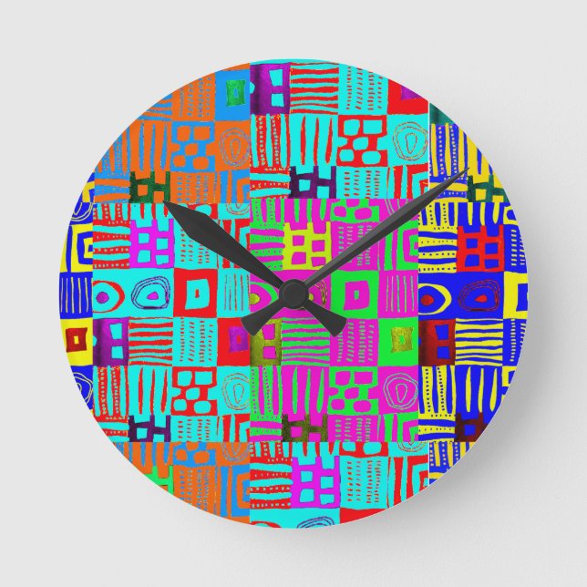 Afrocentric Geometric Motif Multicolored  Runde Wanduhr (Vorderseite)
