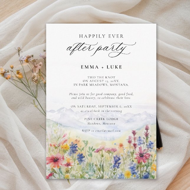 After Party Mountains Meadow Wildflowers Wedding Einladung (elopement after party invitation happily ever mountain wildflowers meadow watercolor modern)