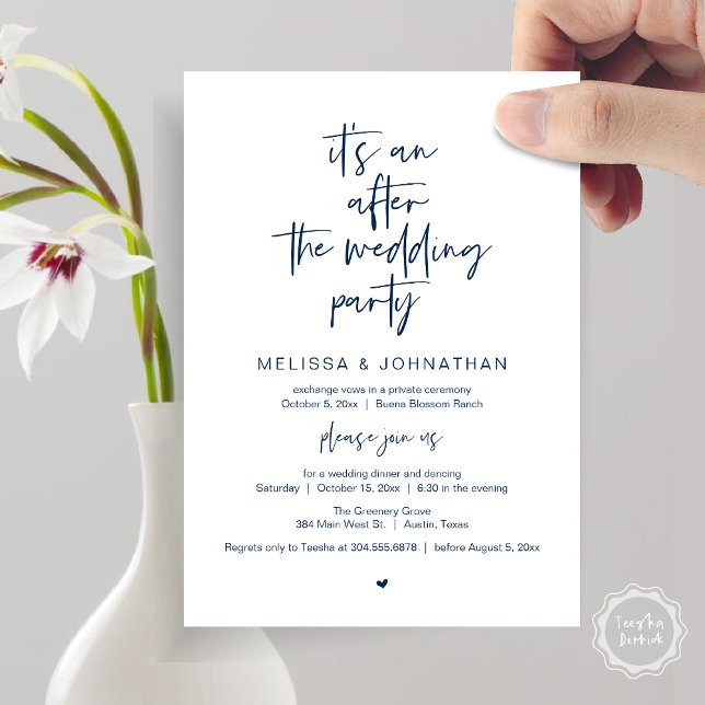 After the wedding, Black, Elopement Party Einladung (It's an after the wedding, Elopement dinner dancing brunch Party Invitation Card PDF Navy Blue)
