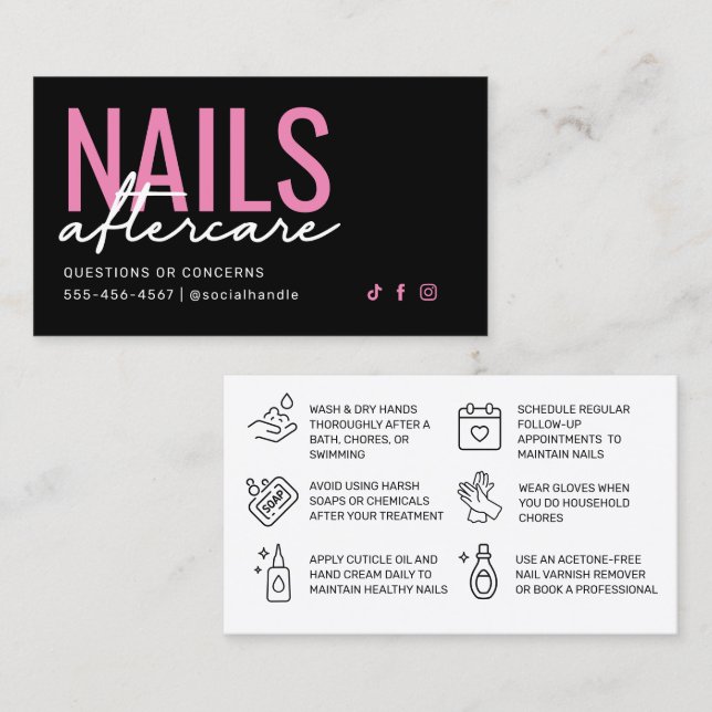 Aftercare Card mit rosa und schwarzen Nägeln Visitenkarte (Vorne/Hinten)