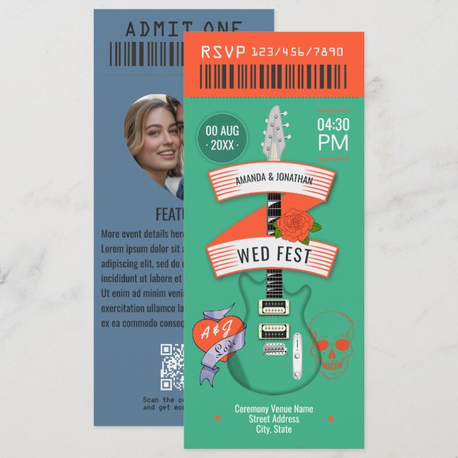 Afterparty Glow Rock ’n’ Roll Wedding Ticket Einladung (Vorne/Hinten)