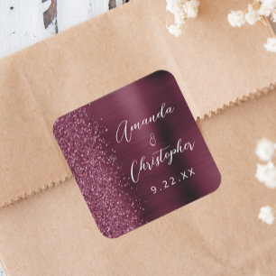 Agat Burgunder Glitter Schrift Hochzeit Quadratischer Aufkleber