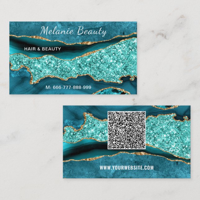 Agate Aqua Blue Türkise QR Code Business Card Visitenkarte (Vorne/Hinten)