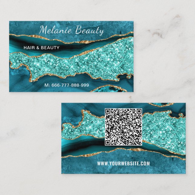 Agate Aqua Blue Turquoise QR Code Carte de visite (Devant / Derrière)