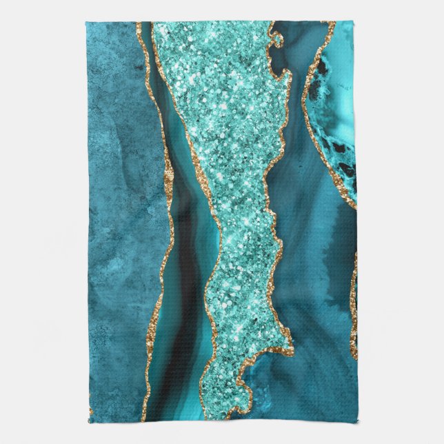 Agate Aquamarin Blue Gold Aqua Türkisches Küchentu Geschirrtuch (Vertikal)